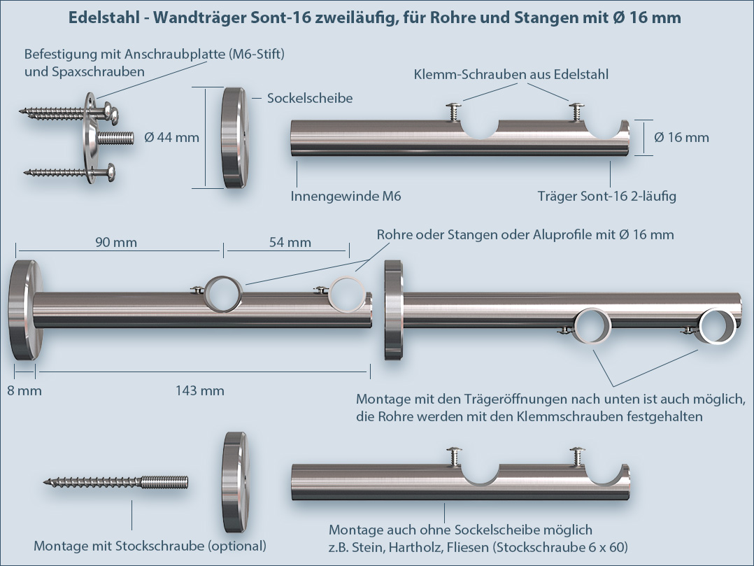 Montageanleitung Doppelhalterung für Stangen und Rohre sont-16mm 2-Lauf
