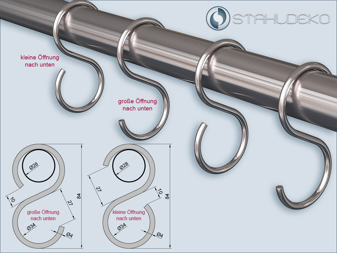 Haken für unsere Rohre mit Ø 28mm, Material Edelstahl: für Gardinenstange und Windschutzstange, Kleiderstange, Garderobe und Reling.