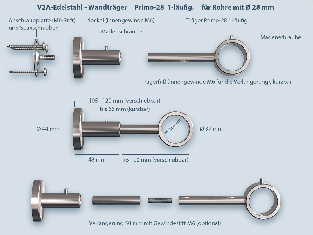 Edelstahl-Stangenhalter für Ø 30/22 mm