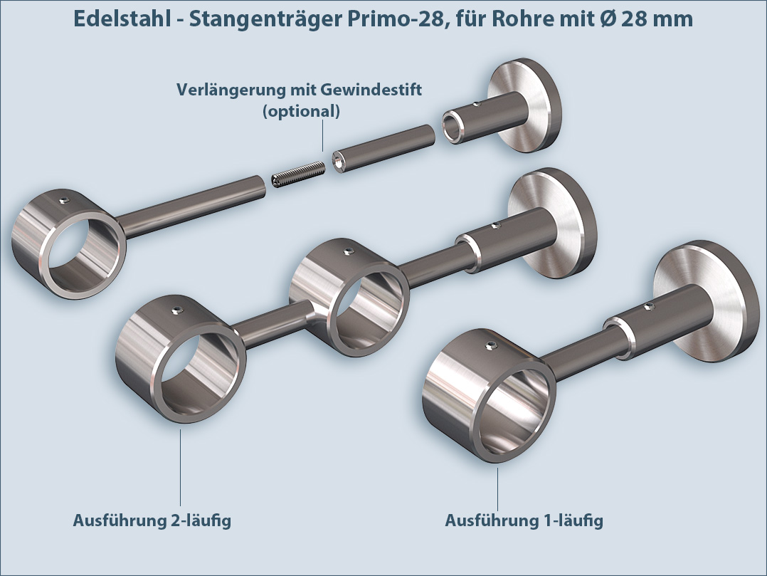 Verschiedene Ausführungen: Stangenträger für Gardinenstangen Primo-28, 1-läufig, 2-Läufig, Verlängerung