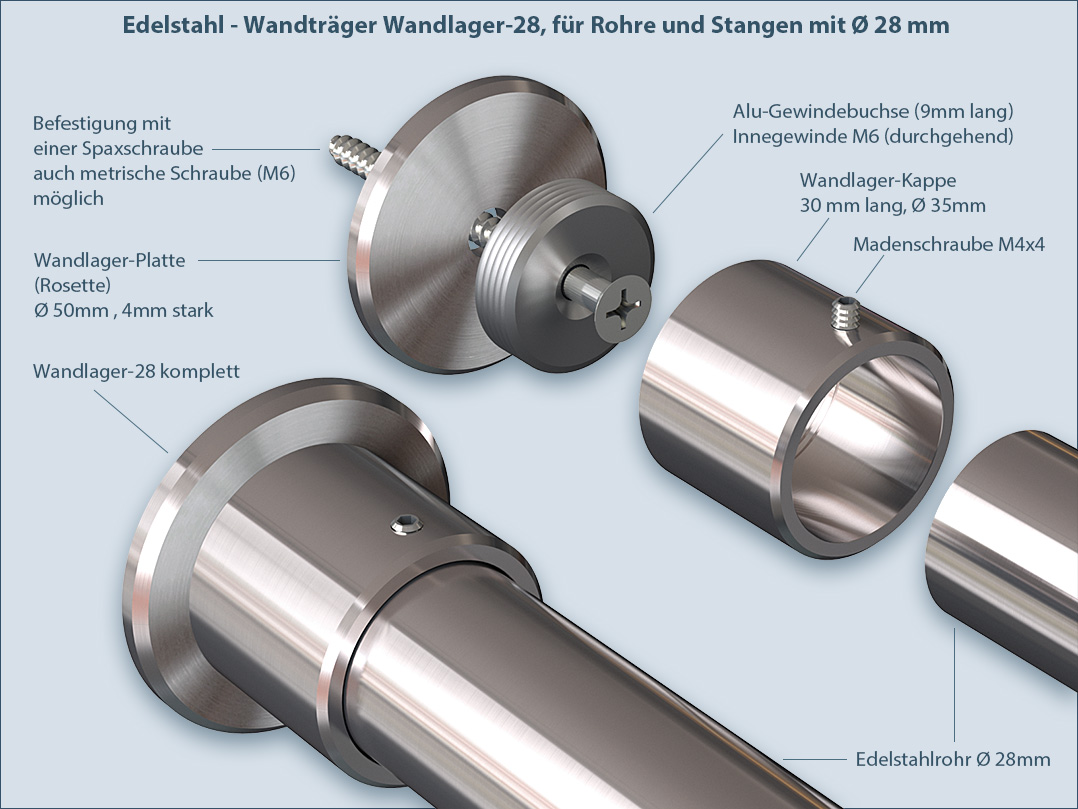 Edelstahl-Rohr 30 mm Ohne Wandlager / 160 cm-014.032-24