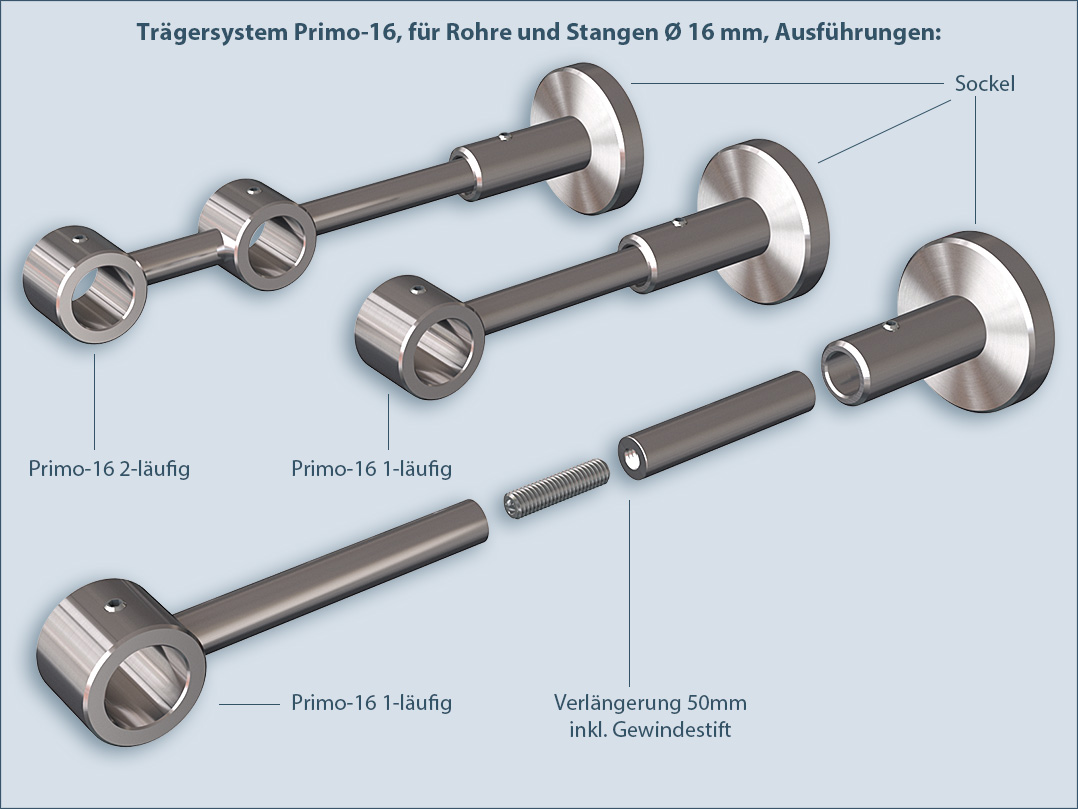 Verschiedene Ausführungen: Stangenträger einlauf und zweilauf für Rundrohre Primo-16mm, auch mit Verlängerung