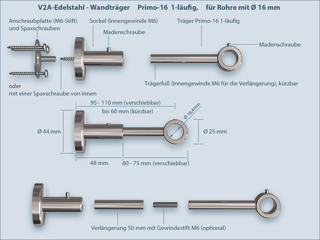 Befestigung-Anleitung: Gardinenstangen-Träger Primo-16mm einläufig mit Sockel für Nischen-Gardinenstangen