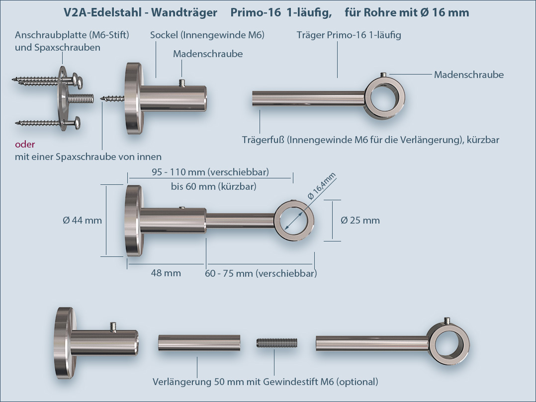 Vorhangstange Primo-16mm einläufig nach Maß selbst