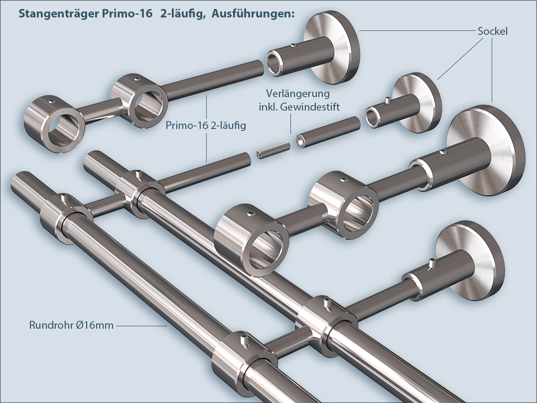 Halter zweiläufig für Vorhangstangen mit Rohren 16mm-Durchmesser: Befestigungssystem für Wandmontage