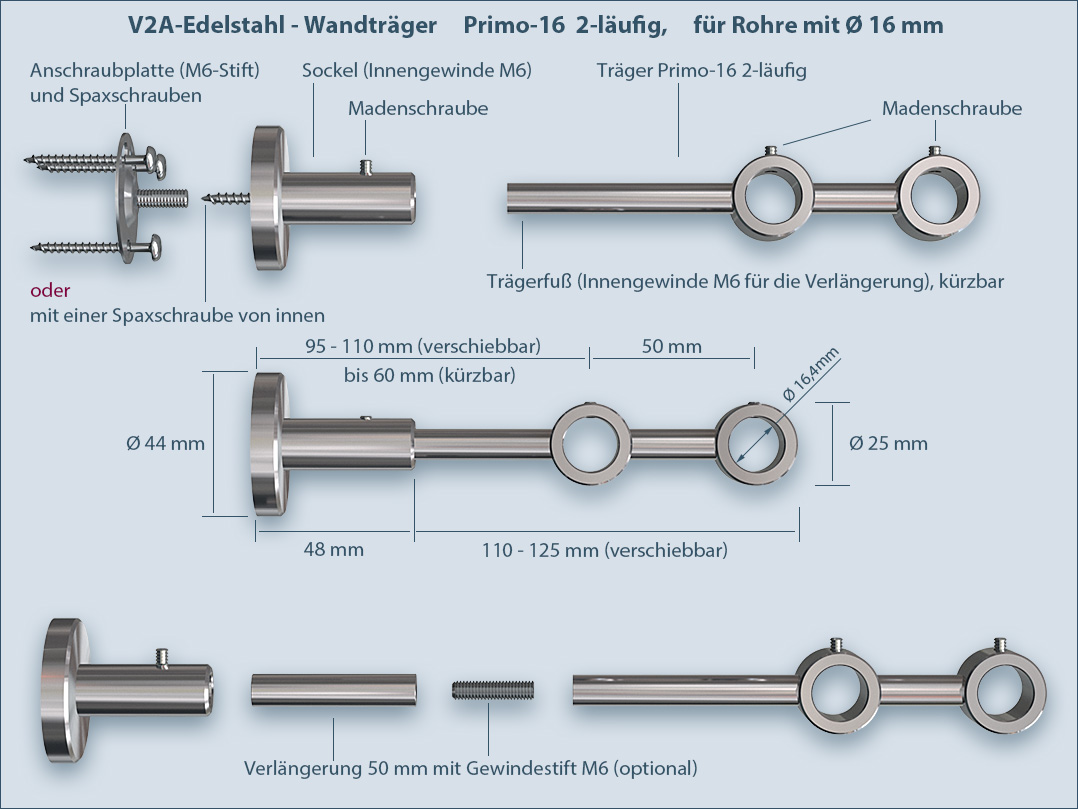 Montage Befestigung Anleitung: Vorhangstangen-Halter Halterung 2-Lauf Primo-16mm für Rundrohre