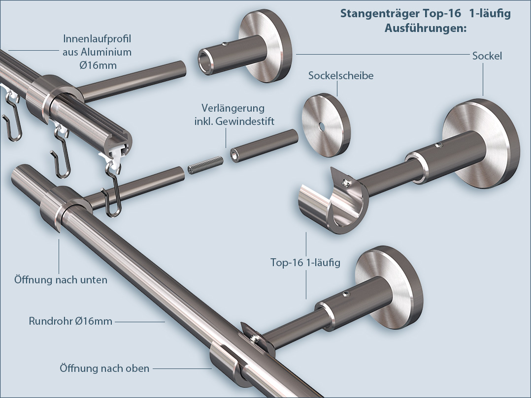 Träger Top-16mm für und Rundrohr-Gardinenstangen