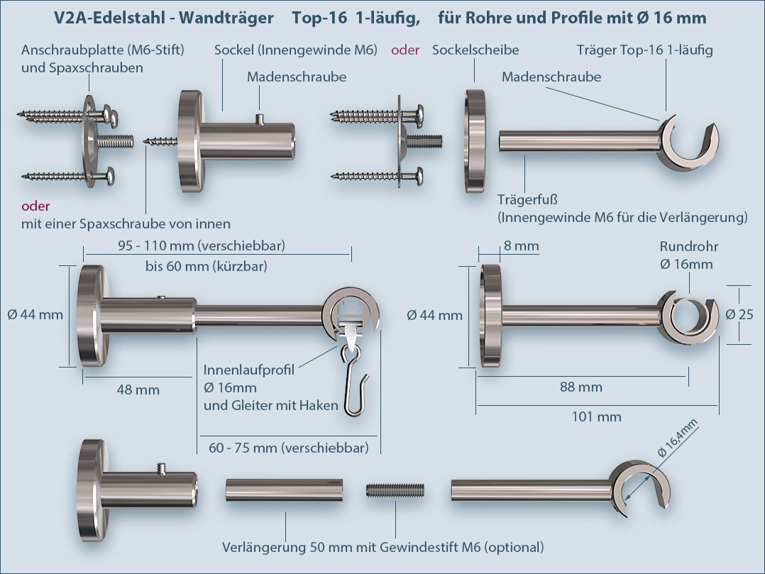 Träger Top-16mm für Rundrohr-Gardinenstangen und