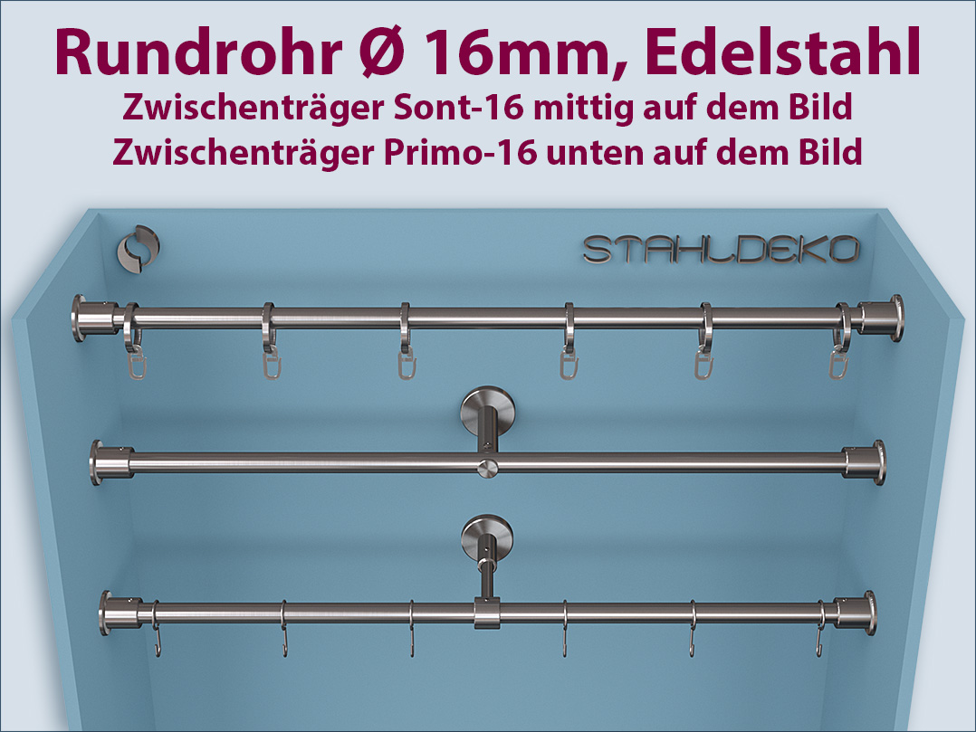 Wand zu Wand Vorhangstange Wandlager-16 mit Zwischenhalter Sont und Primo, Vorhangringe und Vorhanghaken