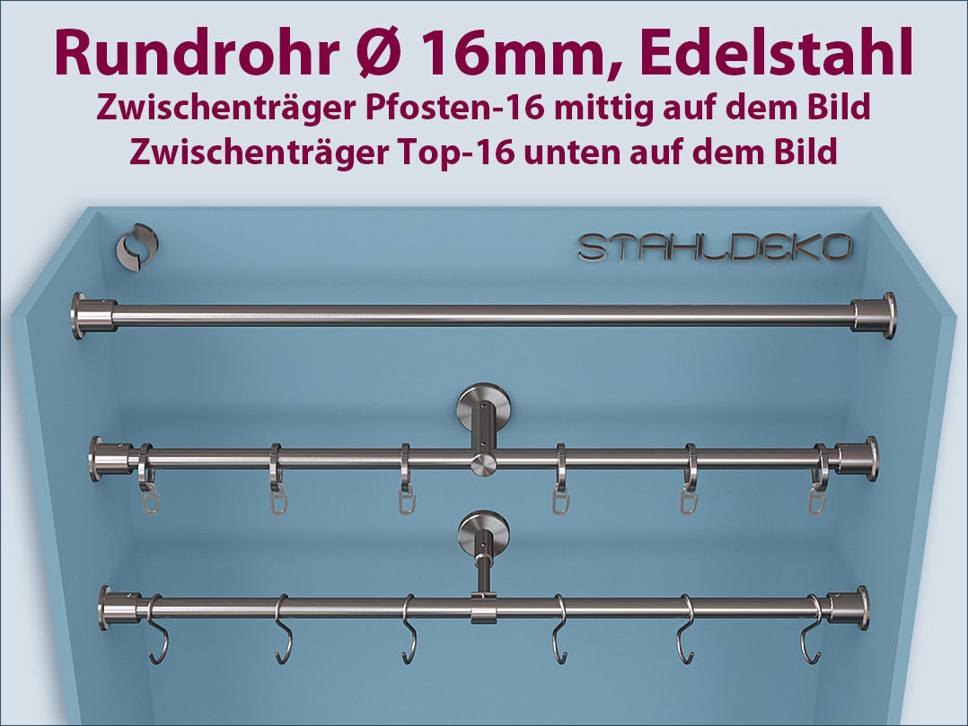 Nischen-Gardinenstange Wandlager-16 mit Zwischenträger Pfosten und Top, Ringe und Haken