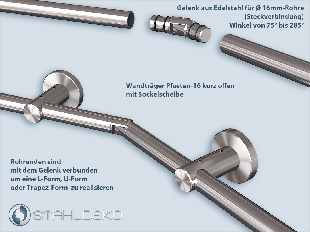 Gelenk für 16mm-Rohre mit dem Relingsystem Pfosten-16-kurz