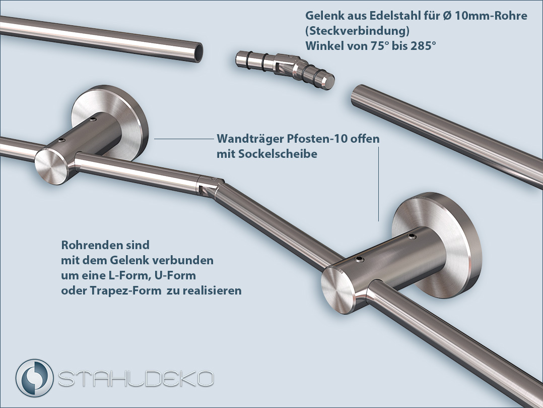 Reling Pfosten-10: Gelenk-Verbinder für Rohre um eine Reling im L-Form oder U-Form zu realisieren