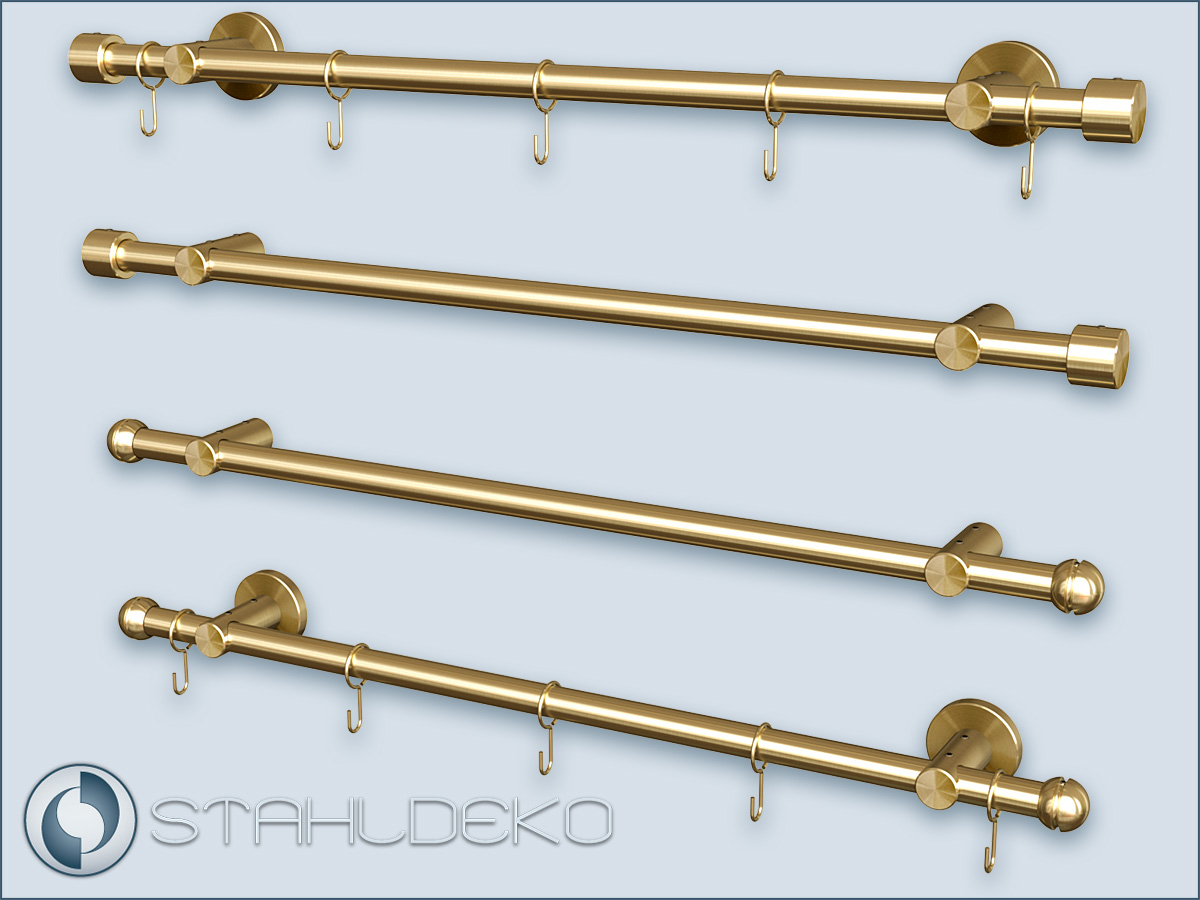 Küchenreling Hakenleiste für die Küche aus massivem Messing mit dem Rohr Ø 16mm, Relingträger System Pfosten 16, nach Maß zusammenstellen.