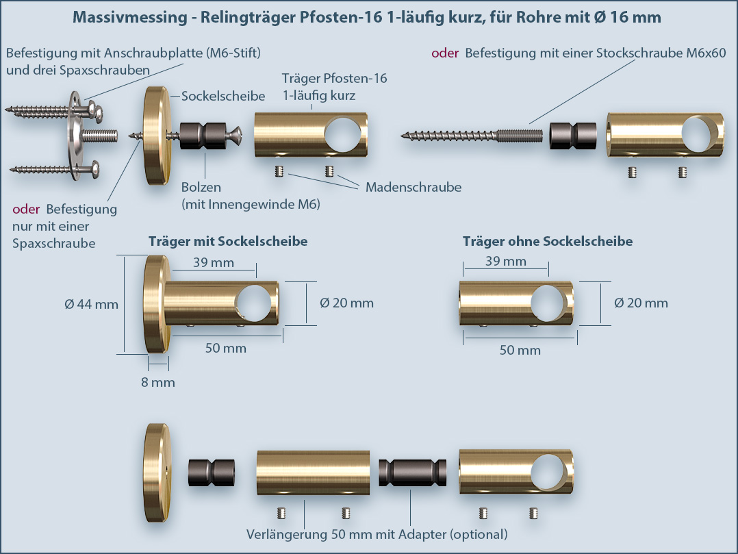 Halter oder Träger für Küchenreling aus Messing System Pfosten-16mm kurz