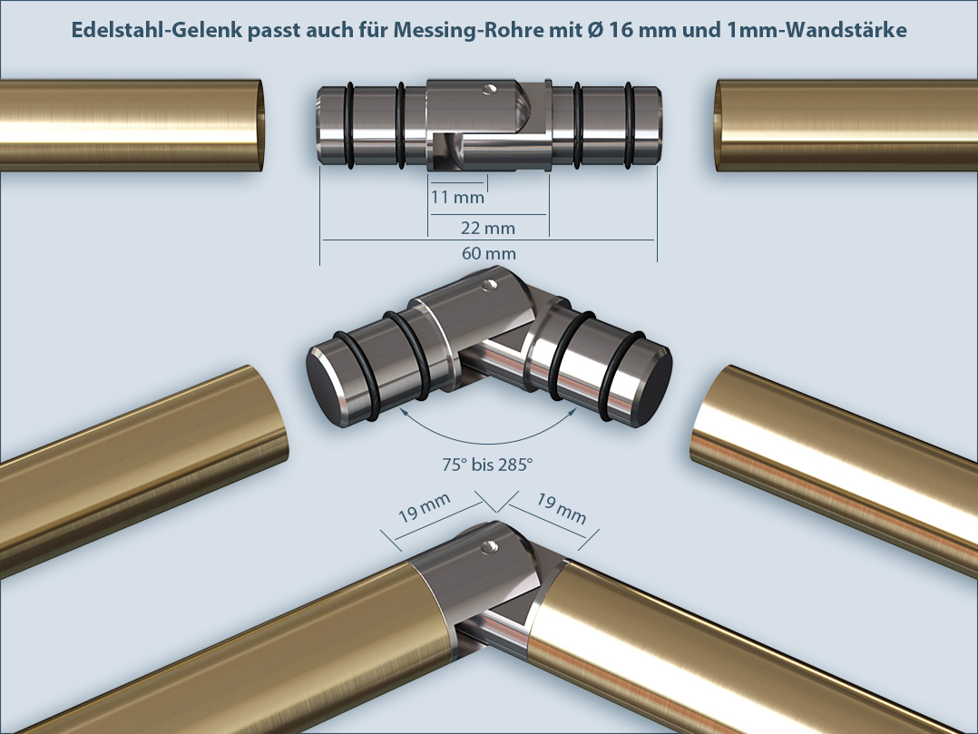 Rohrgelenk aus Edelstahl, passt auch für ein Messingrohr mit 16mm-Durchmesser