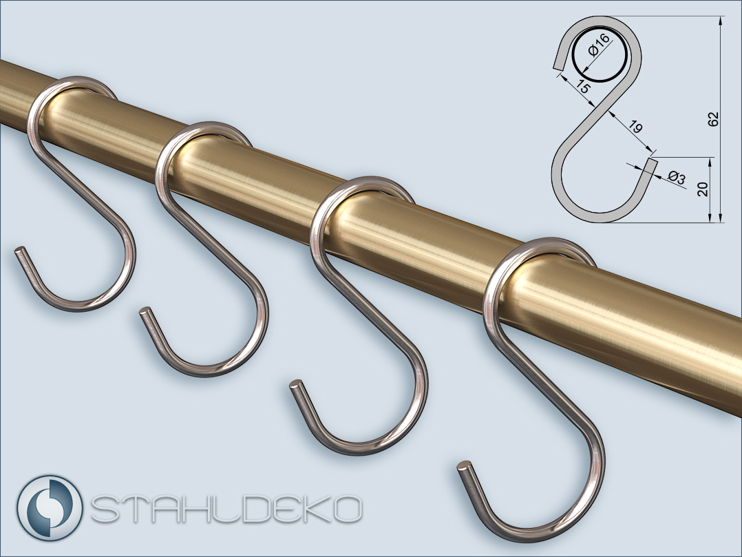 Relingrohr aus Messing 16mm-Durchmesser mit S-Haken aus Edelstahl