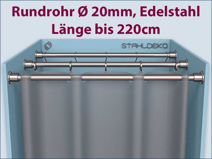Duschvorhang Halterung aus Edelstahl Ø 20mm, gerade Duschwanne-Abtrennung, mit Ringen und Haken selbst anpassen