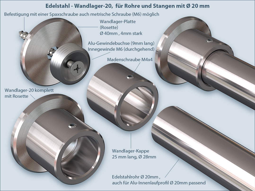 Wandträger Wandlager für Ø 20mm, Nischenbefestigung in V2A-Edelstahl,  Alu-Weiß und