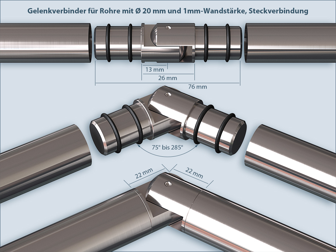 Gelenk-Eckverbindung für eine Gardinenstange mit einem Durchmesser von 20mm aus V2A-Edelstahl: Abmessungen