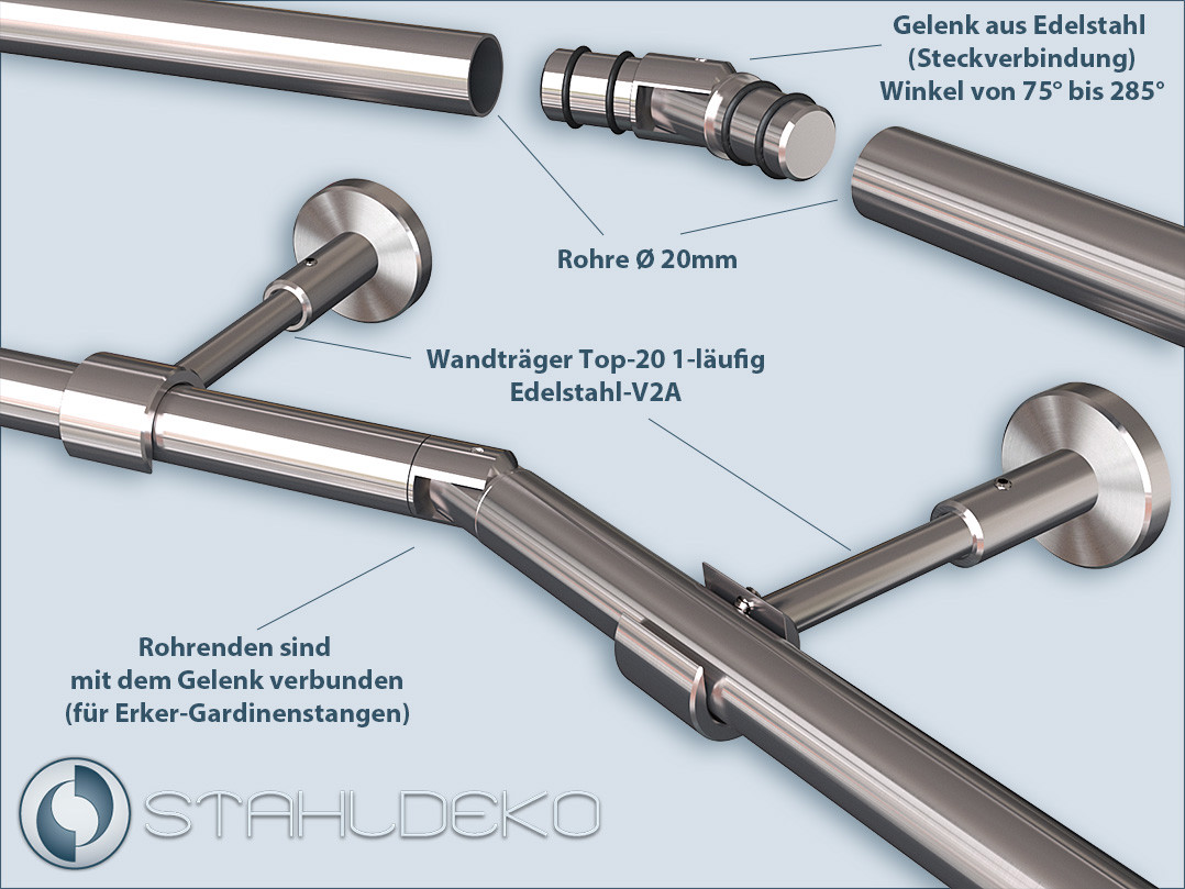 Eckverbinder für Erker-Gestaltung, Gelenk für Rohre mit 20mm-Durchmesser aus V2A Edelstahl
