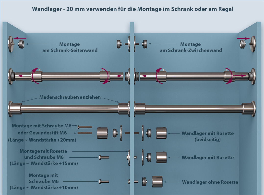 Wandträger Wandlager für Ø 20mm, Nischenbefestigung in V2A-Edelstahl, Alu- Weiß und