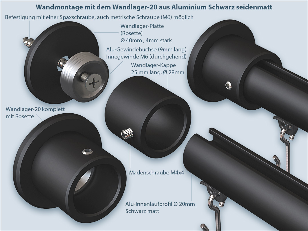 V2A-Edelstahl, Ø in Nischenbefestigung Weiß und Wandlager Wandträger Alu- 20mm, für