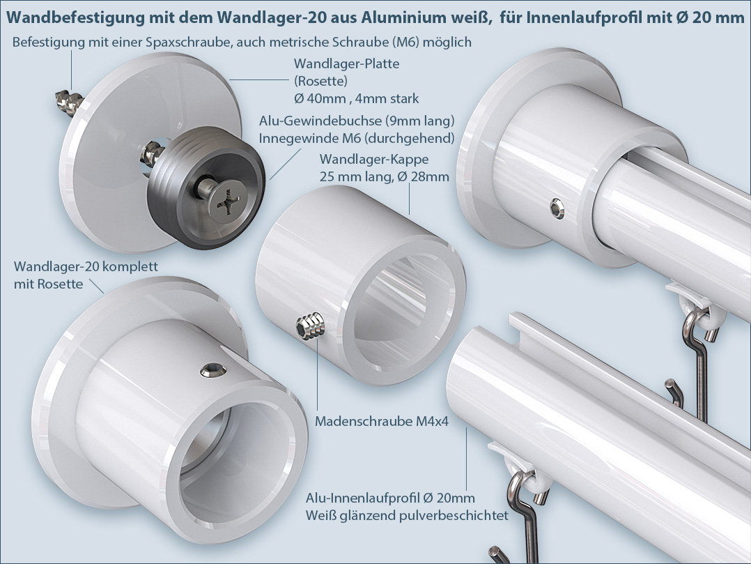 Wandträger Wandlager für Ø 20mm, Nischenbefestigung in V2A-Edelstahl, Alu- Weiß und | Gardinenstangenhalter