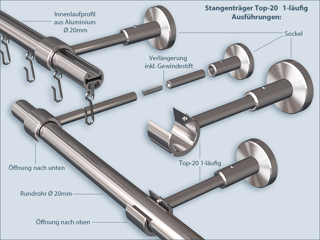Hier sind die Top 20 Gardinenstangenhalter für die Verwendung mit 1-Lauf Rohren, Innenlaufprofilen und Aluprofilen mit einem Durchmesser von 20mm