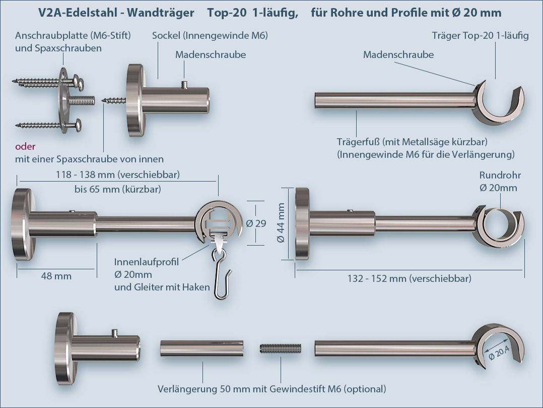 Gardinenstange Edelstahl - Top 20mm, Einläufig, Selbst