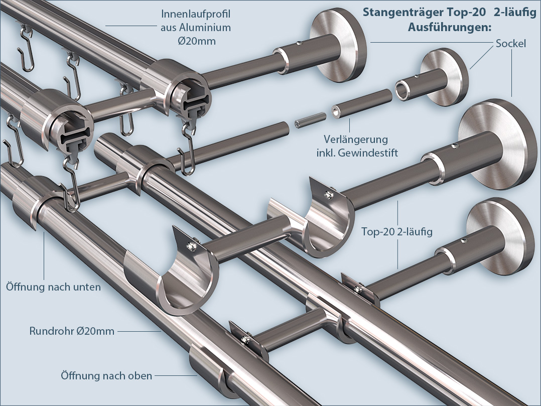 Rundrohr- Gardinenstange V2A für 20mm Stangen-Träger Innenlauf Top und