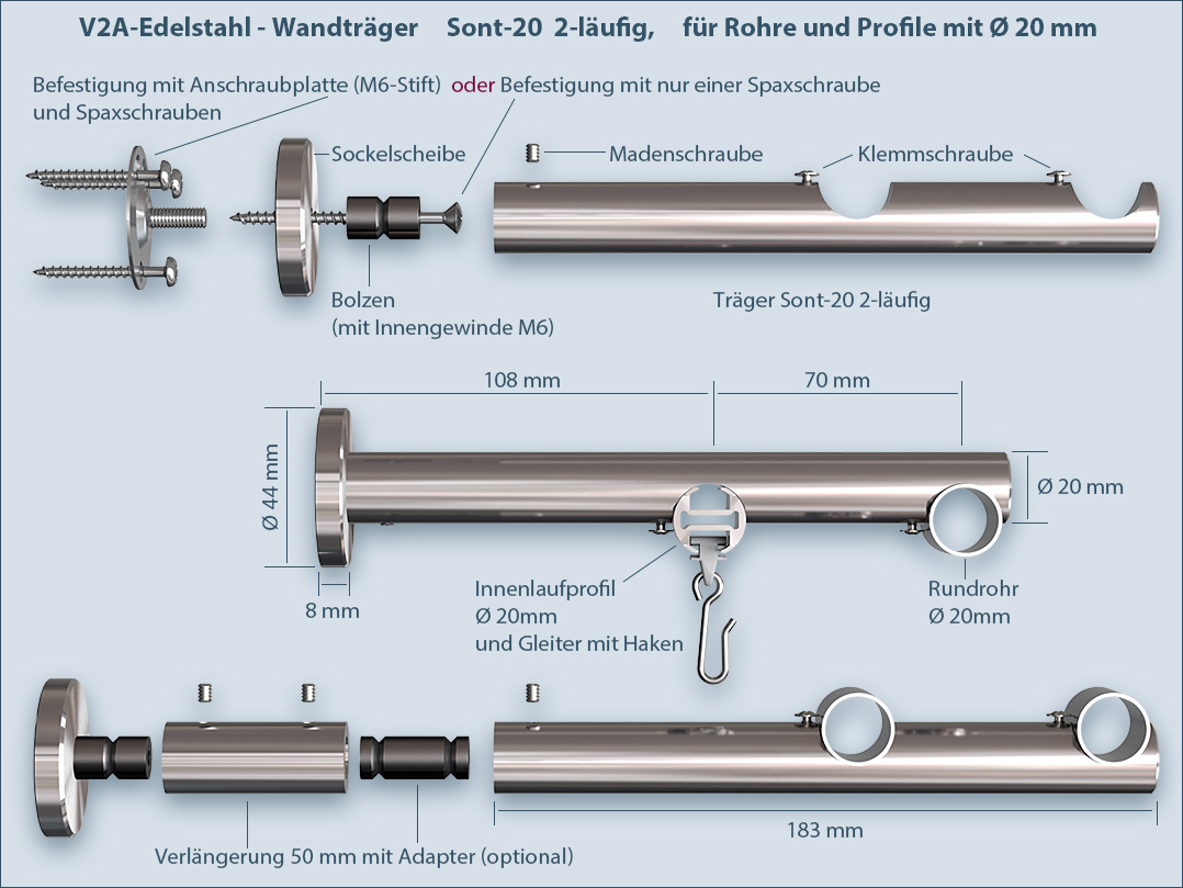 Die Vorhangstangenhalter Sont-20 in der 2-läufigen Ausführung sind geeignet für Rohre oder Innenlaufprofile von 20mm und werden gemäß der Montageanleitung einfach angebracht