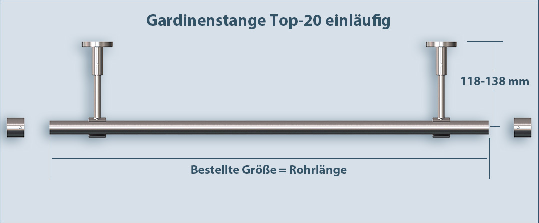 Gardinenstange mit Edelstahlrohr, Modell TOP 20, 1-lauf: messen und richtige Länge bestellen