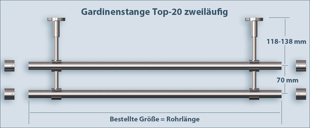 Zweilauf Gardinenstange aus Edelstahl System Top-20 messen und richtige Länge bestellen