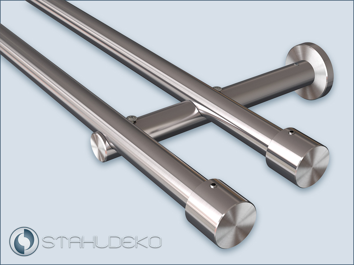 Doppellauf Vorhangstange 20mm, Stangenträger Sont-20, Zylinder Endstück, ohne Ringe & Haken, Edelstahl
