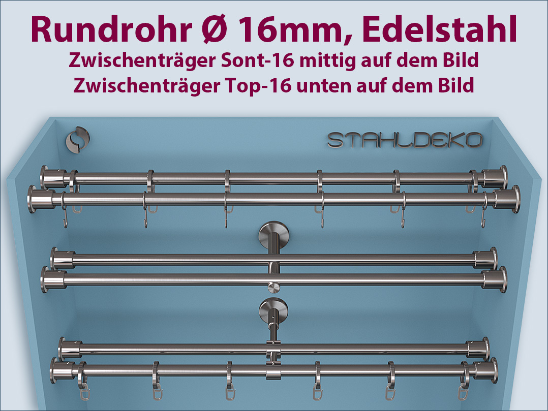 Gardinenstange Wandlager-16 doppelläufig mit dem 16mm-Rundrohr für Nische, mit Zwischenträger Ringen oder Haken