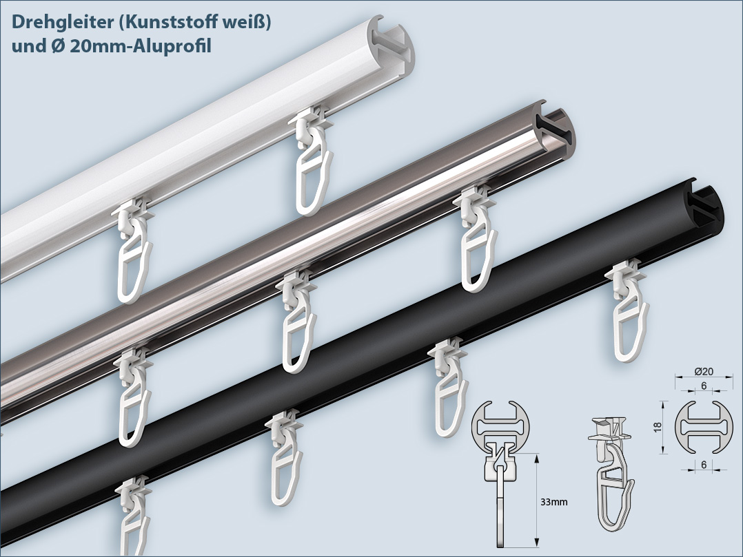 Drehgleiter, Kunststoff-Gleiter für Innenlauf-Vorhangstangen, ein- und ausdrehbar an 20mm-Aluprofil