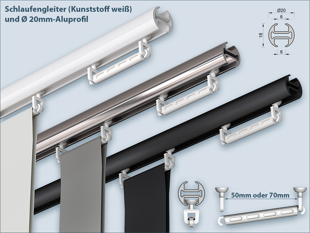Gleiter für Vorhänge mit Schlaufen, passend für 20mm Aluminium-Innenlaufprofil