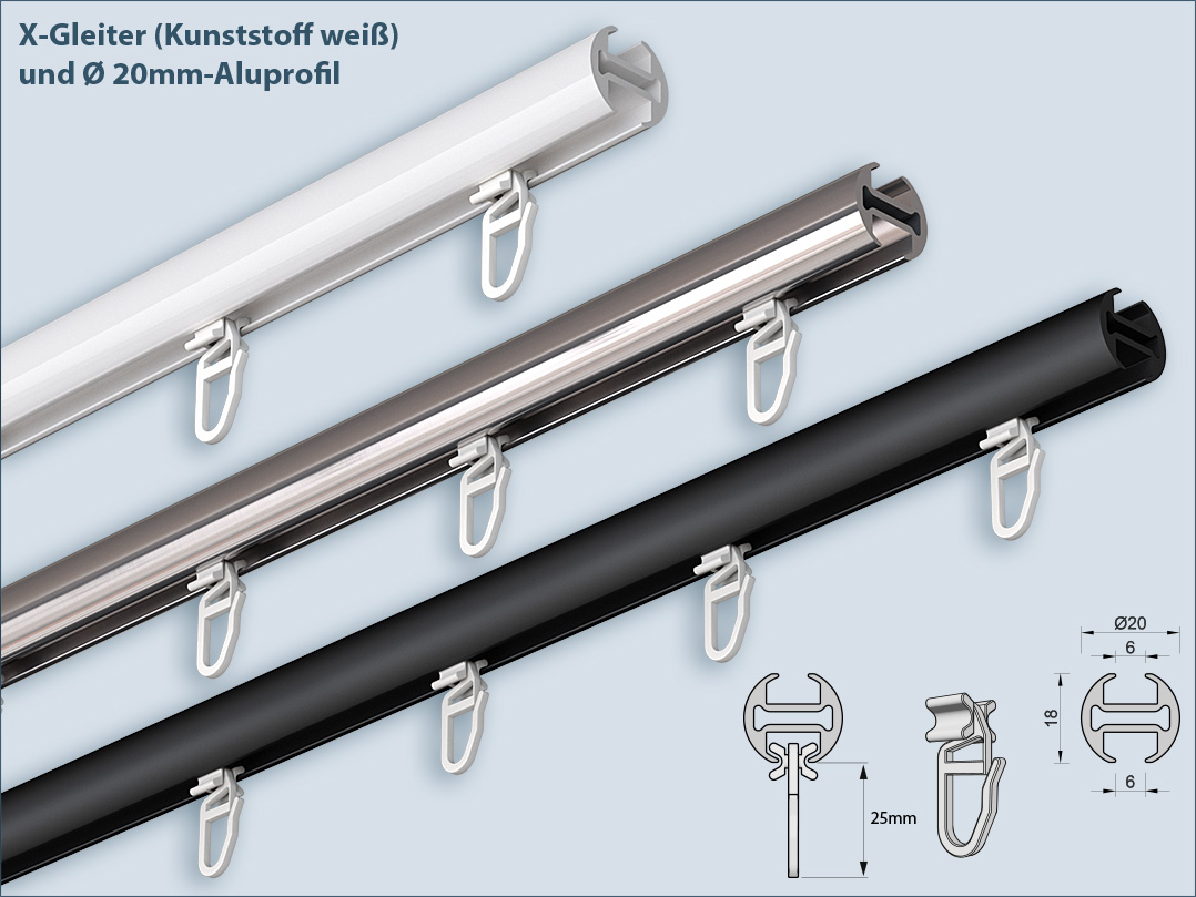 X-Gleiter für Innenlauf-Gardinenstangen mit 20mm rundem Profil