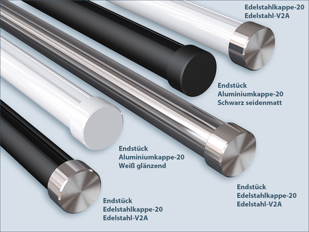 Endkappen für Innenlauf-Aluprofil mit 20mm Durchmesser in Schwarz, Weiß und Edelstahl