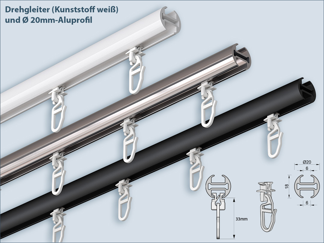 Vorhangstange Bend 2-läufig, Alu-Innenlaufprofil in Edelstahl-Optik,  schwarz oder