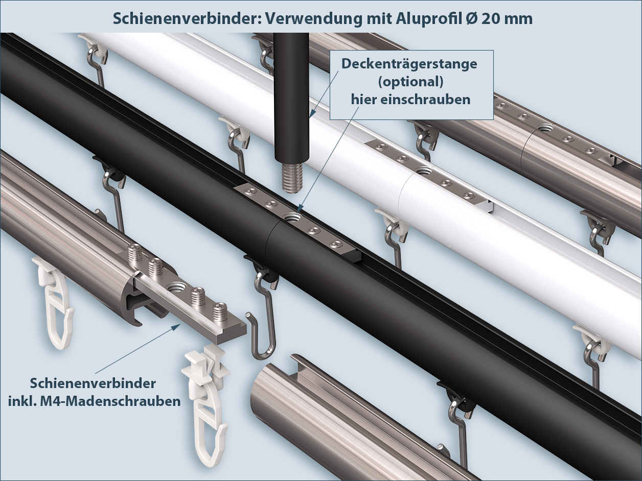 Aluminium-Schienenverbinder für 20 mm runde Innenlaufprofile mit Madenschrauben zur sicheren Verbindung.