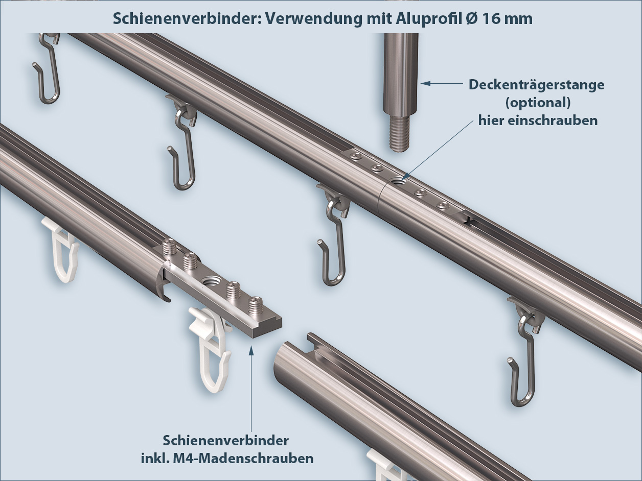Schienenverbinder aus Aluminium für Innenlaufprofile mit 16 mm Durchmesser, inklusive Madenschrauben für sichere Montage.