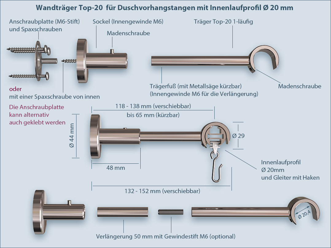 Wandträger Top-20 aus Edelstahl-V2A für ovale Duschvorhangstange mit Ø 20 mm Innenlaufprofil, verstellbar und kürzbar