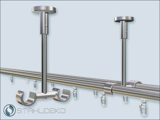 Universelle Deckenabhängung aus Edelstahl-V2A für 2-Lauf-Montage von Gardinenstangen an der Decke, geeignet für Edelstahlrohre und Innenlauf-Stangen mit 20mm-Durchmesser.