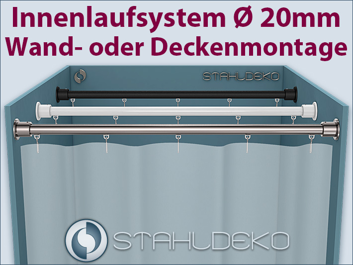 Duschvorhangstange Ø 20mm, Innenlauf Schwarz - gerade, Edelstahl, oder Weiß, oder Wand-