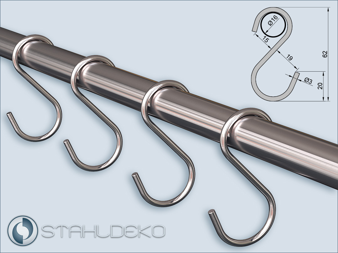 S-Haken für Stangen und Rohre mit 16mm-Durchmesser, Material Edelstahl S-Haken für Stangen und Rohre mit 16mm-Durchmesser, Material Edelstahl