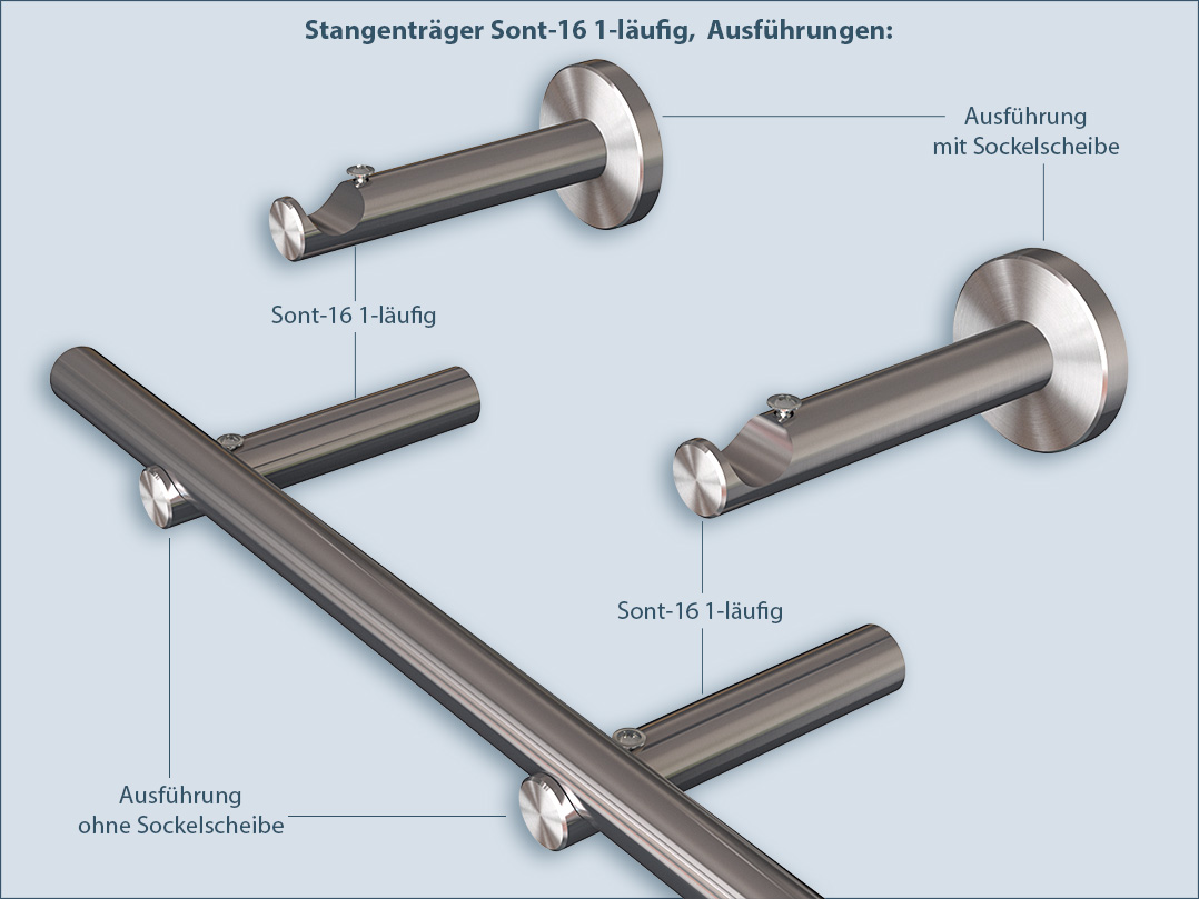 Stangenhalter Rohrhalter sont-16 1-Lauf für Stangen und Rohre 16mm aus Edelstahl Stangenhalter Rohrhalter sont-16 1-Lauf für Gardinenstangen und Vorhangstangen aus Edelstahl