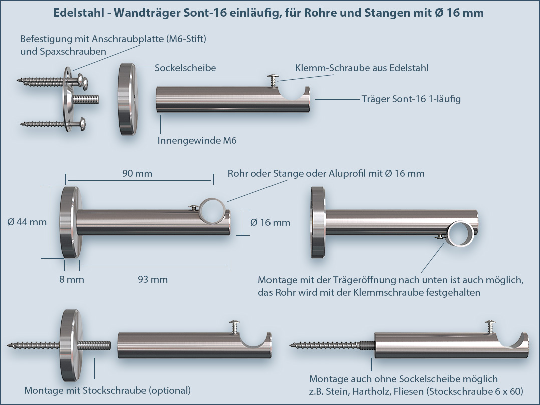 Befestigung Anleitung Stangenhalterung Rohrhalterung sont-16mm 1-Lauf für Gardinenstangen und Vorhangstangen