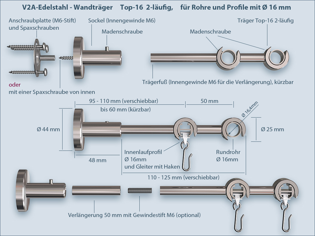 Montageanleitung: Gardinenstange Wandträger und Wandhalter für Rohre und Innenlaufprofile Top-16mm zweiläufig