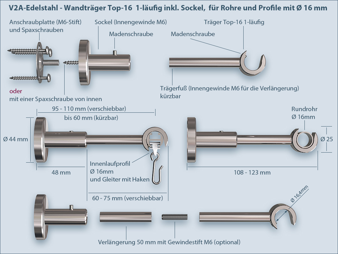 Montageanleitung: Träger Halter für Rohr- oder Innenlauf-Gardinenstange Top-16mm einläufig mit dem Sockel Montageanleitung: Träger Halter für Rohr- oder Innenlauf-Gardinenstange Top-16mm einläufig mit dem Sockel